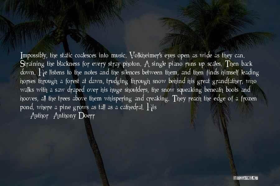Anthony Doerr Quotes: Impossibly, The Static Coalesces Into Music. Volkheimer's Eyes Open As Wide As They Can. Straining The Blackness For Every Stray