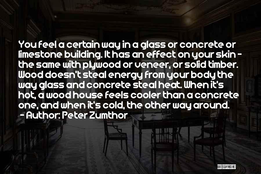 Peter Zumthor Quotes: You Feel A Certain Way In A Glass Or Concrete Or Limestone Building. It Has An Effect On Your Skin