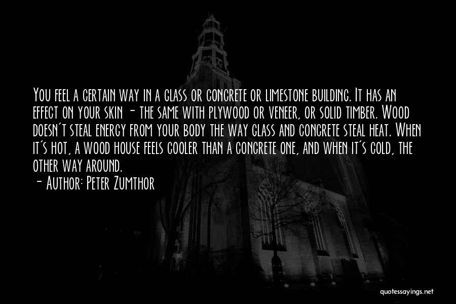 Peter Zumthor Quotes: You Feel A Certain Way In A Glass Or Concrete Or Limestone Building. It Has An Effect On Your Skin