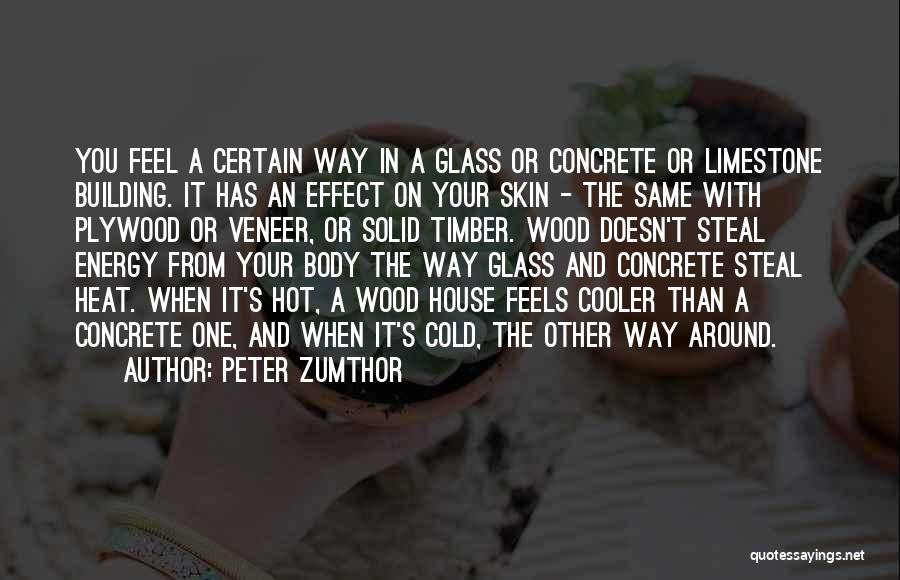 Peter Zumthor Quotes: You Feel A Certain Way In A Glass Or Concrete Or Limestone Building. It Has An Effect On Your Skin