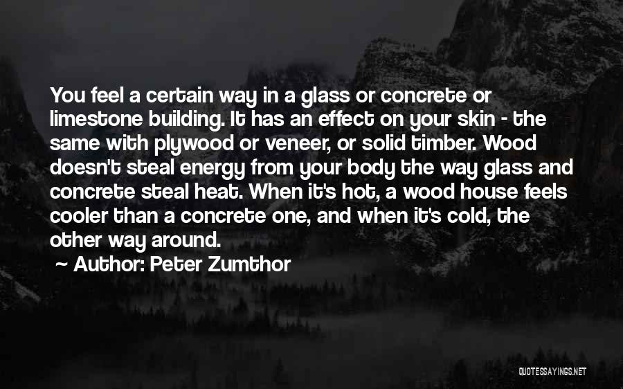 Peter Zumthor Quotes: You Feel A Certain Way In A Glass Or Concrete Or Limestone Building. It Has An Effect On Your Skin