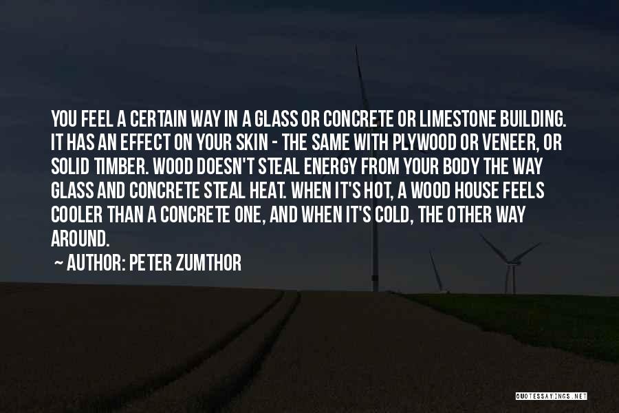 Peter Zumthor Quotes: You Feel A Certain Way In A Glass Or Concrete Or Limestone Building. It Has An Effect On Your Skin