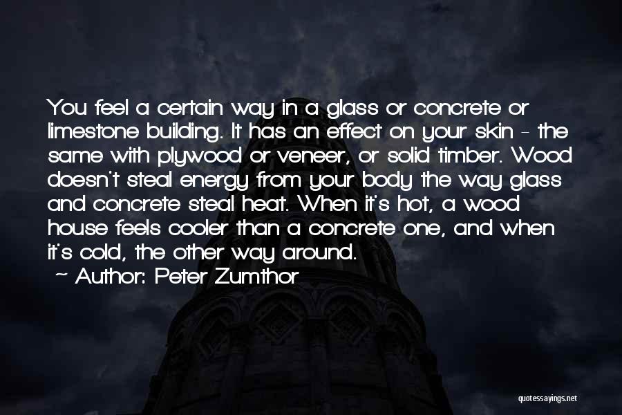 Peter Zumthor Quotes: You Feel A Certain Way In A Glass Or Concrete Or Limestone Building. It Has An Effect On Your Skin