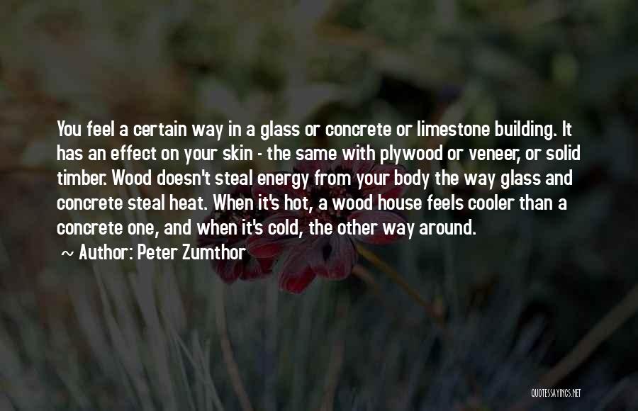 Peter Zumthor Quotes: You Feel A Certain Way In A Glass Or Concrete Or Limestone Building. It Has An Effect On Your Skin