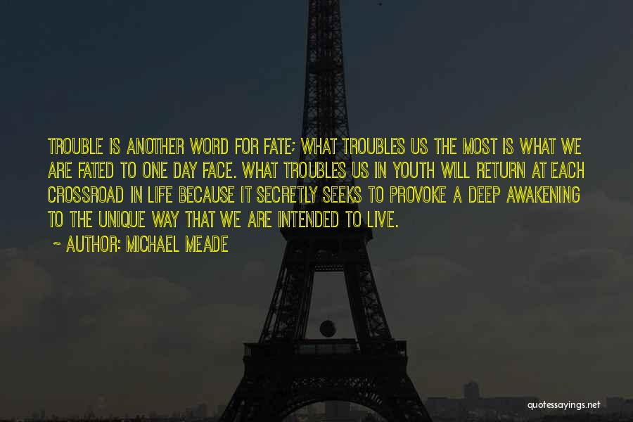 Michael Meade Quotes: Trouble Is Another Word For Fate; What Troubles Us The Most Is What We Are Fated To One Day Face.