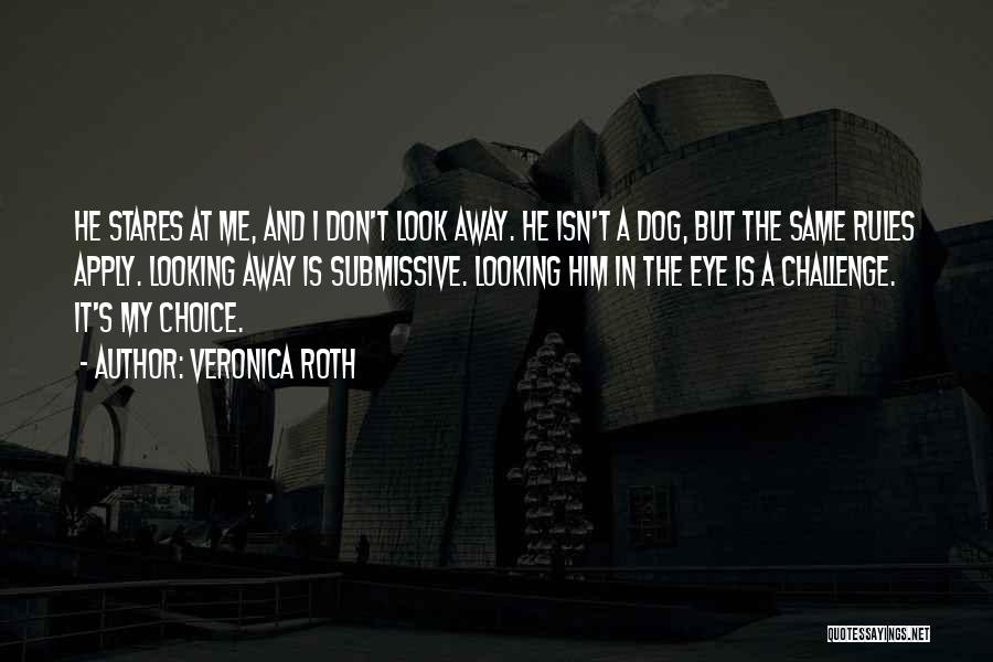 Veronica Roth Quotes: He Stares At Me, And I Don't Look Away. He Isn't A Dog, But The Same Rules Apply. Looking Away