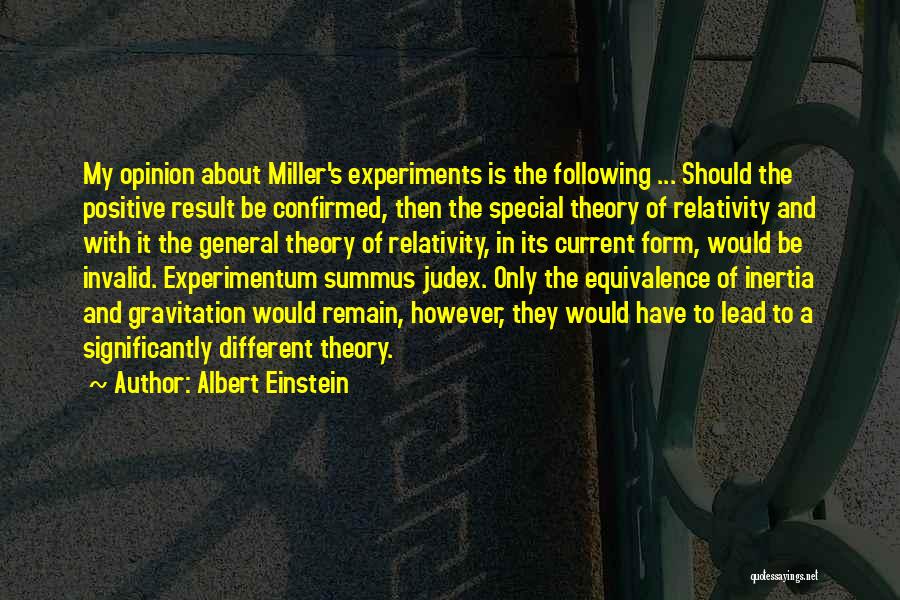 Albert Einstein Quotes: My Opinion About Miller's Experiments Is The Following ... Should The Positive Result Be Confirmed, Then The Special Theory Of