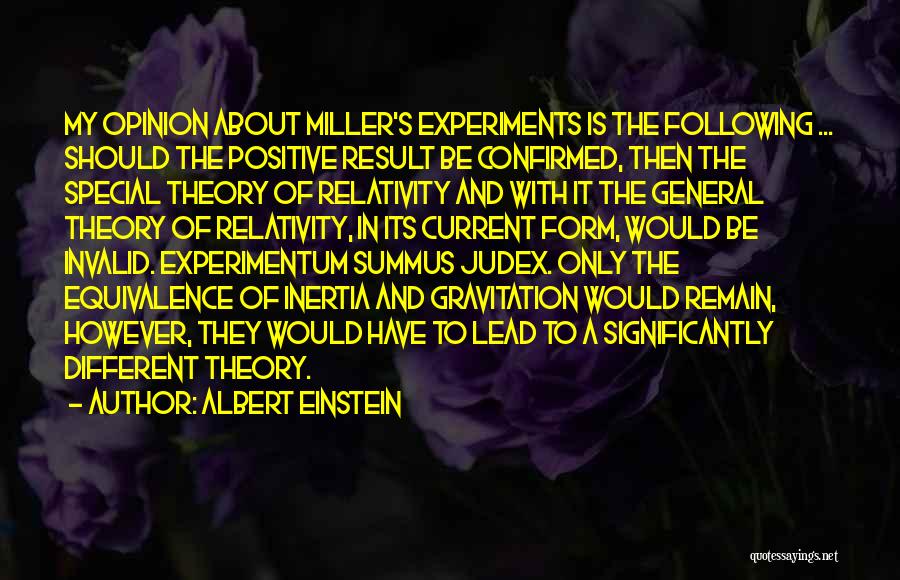 Albert Einstein Quotes: My Opinion About Miller's Experiments Is The Following ... Should The Positive Result Be Confirmed, Then The Special Theory Of