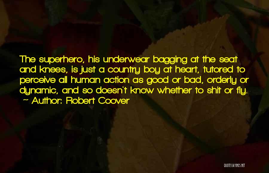 Robert Coover Quotes: The Superhero, His Underwear Bagging At The Seat And Knees, Is Just A Country Boy At Heart, Tutored To Perceive