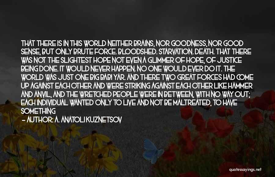 A. Anatoli Kuznetsov Quotes: That There Is In This World Neither Brains, Nor Goodness, Nor Good Sense, But Only Brute Force. Bloodshed. Starvation. Death.