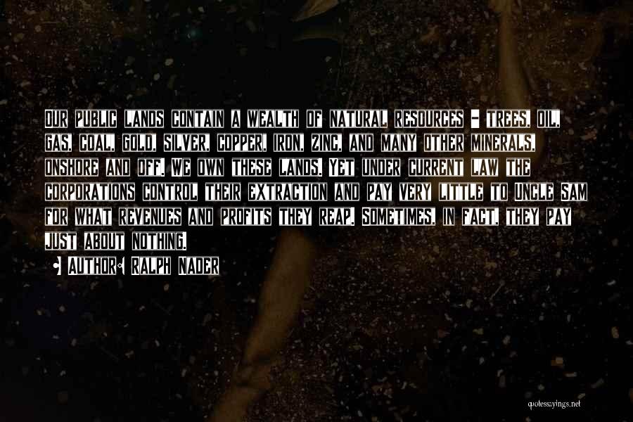 Ralph Nader Quotes: Our Public Lands Contain A Wealth Of Natural Resources - Trees, Oil, Gas, Coal, Gold, Silver, Copper, Iron, Zinc, And