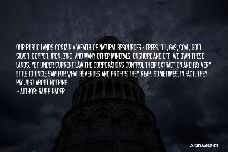 Ralph Nader Quotes: Our Public Lands Contain A Wealth Of Natural Resources - Trees, Oil, Gas, Coal, Gold, Silver, Copper, Iron, Zinc, And