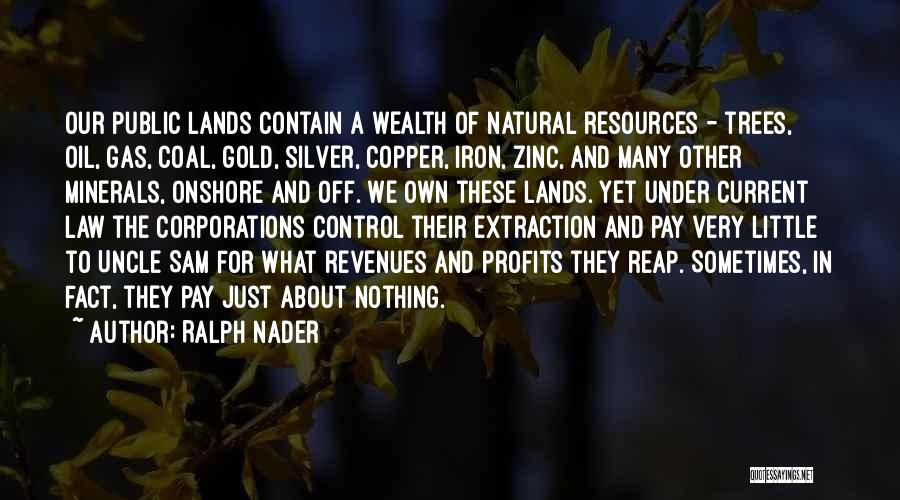 Ralph Nader Quotes: Our Public Lands Contain A Wealth Of Natural Resources - Trees, Oil, Gas, Coal, Gold, Silver, Copper, Iron, Zinc, And