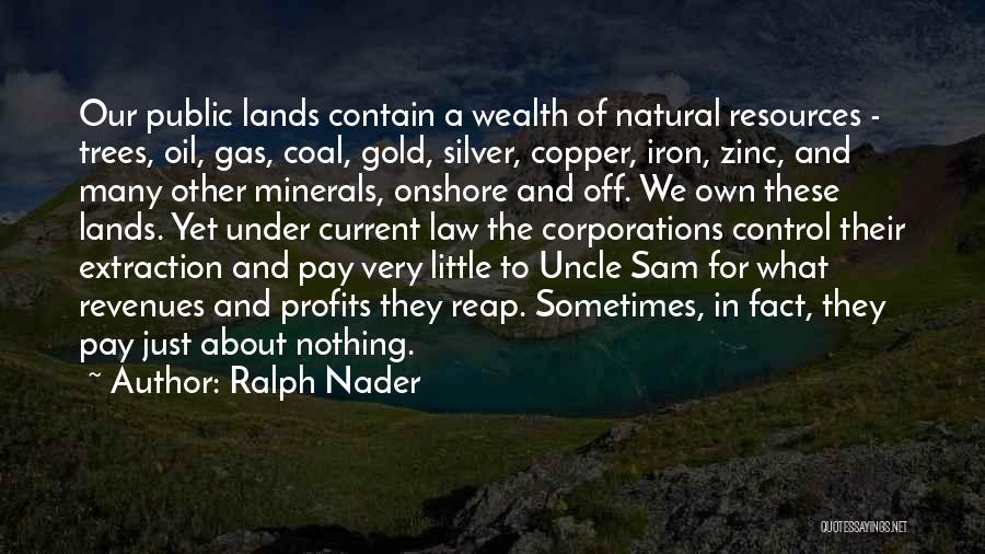 Ralph Nader Quotes: Our Public Lands Contain A Wealth Of Natural Resources - Trees, Oil, Gas, Coal, Gold, Silver, Copper, Iron, Zinc, And