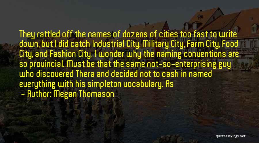 Megan Thomason Quotes: They Rattled Off The Names Of Dozens Of Cities Too Fast To Write Down, But I Did Catch Industrial City,