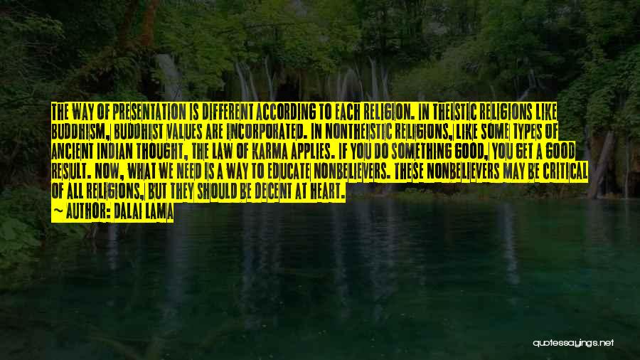 Dalai Lama Quotes: The Way Of Presentation Is Different According To Each Religion. In Theistic Religions Like Buddhism, Buddhist Values Are Incorporated. In