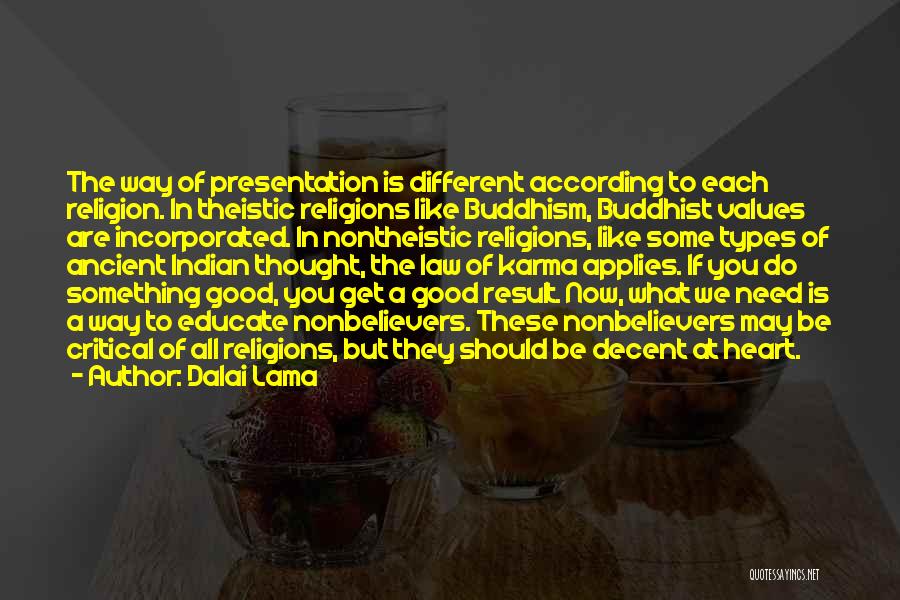 Dalai Lama Quotes: The Way Of Presentation Is Different According To Each Religion. In Theistic Religions Like Buddhism, Buddhist Values Are Incorporated. In