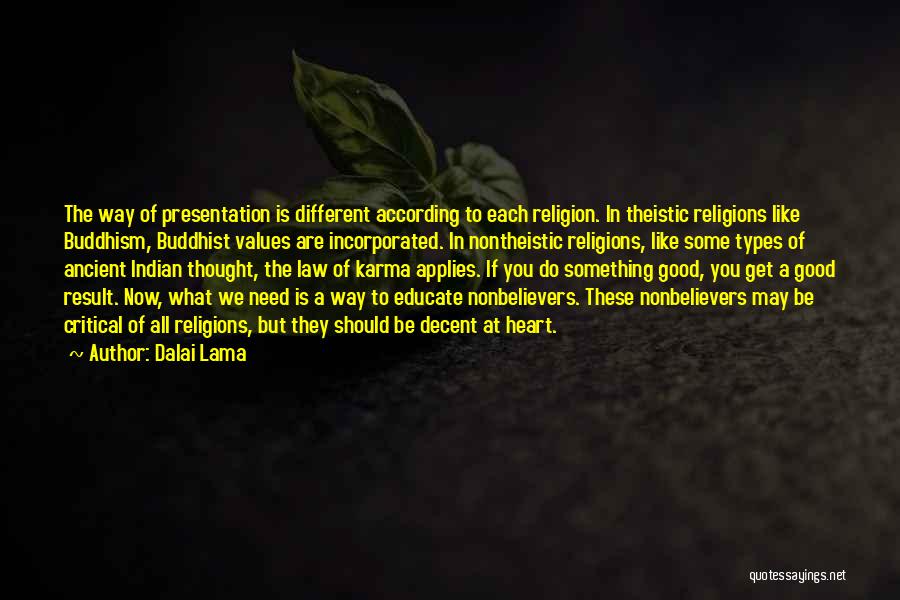 Dalai Lama Quotes: The Way Of Presentation Is Different According To Each Religion. In Theistic Religions Like Buddhism, Buddhist Values Are Incorporated. In