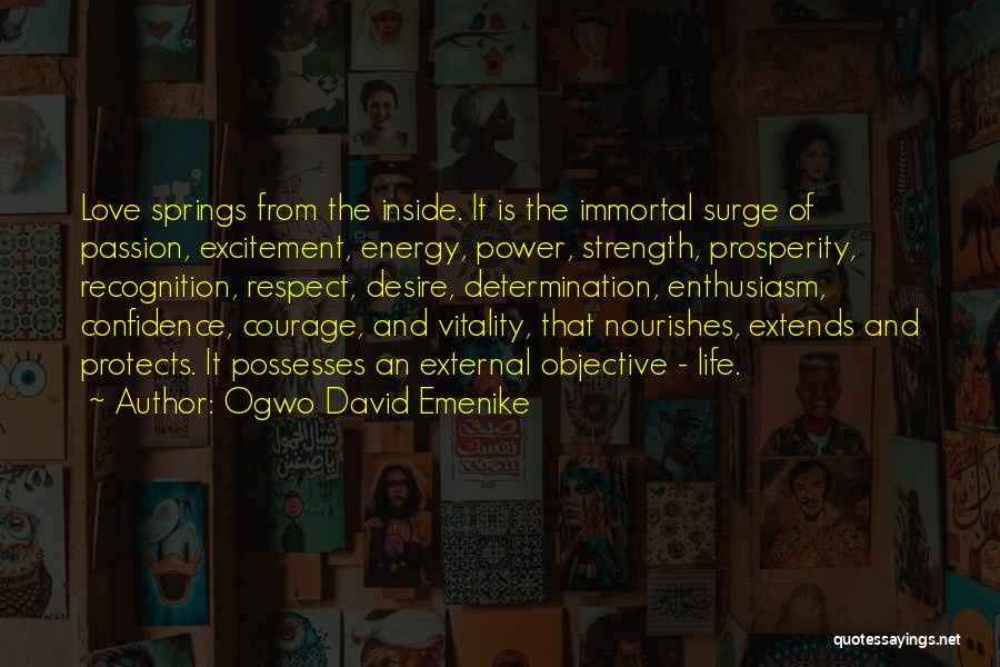 Ogwo David Emenike Quotes: Love Springs From The Inside. It Is The Immortal Surge Of Passion, Excitement, Energy, Power, Strength, Prosperity, Recognition, Respect, Desire,