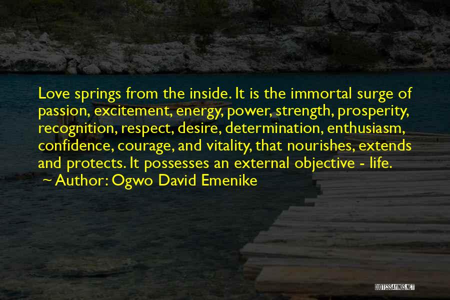 Ogwo David Emenike Quotes: Love Springs From The Inside. It Is The Immortal Surge Of Passion, Excitement, Energy, Power, Strength, Prosperity, Recognition, Respect, Desire,