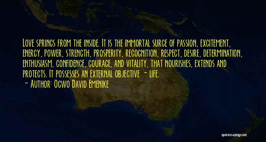 Ogwo David Emenike Quotes: Love Springs From The Inside. It Is The Immortal Surge Of Passion, Excitement, Energy, Power, Strength, Prosperity, Recognition, Respect, Desire,