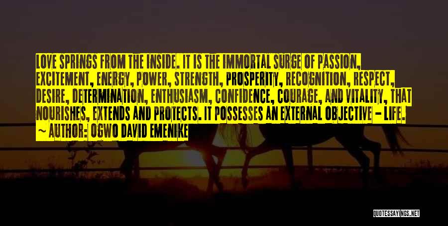 Ogwo David Emenike Quotes: Love Springs From The Inside. It Is The Immortal Surge Of Passion, Excitement, Energy, Power, Strength, Prosperity, Recognition, Respect, Desire,