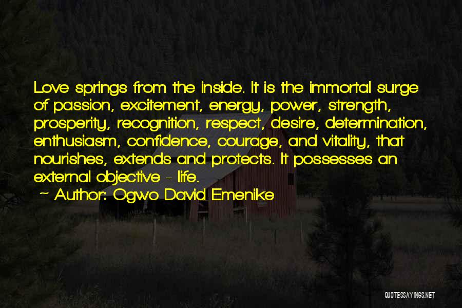 Ogwo David Emenike Quotes: Love Springs From The Inside. It Is The Immortal Surge Of Passion, Excitement, Energy, Power, Strength, Prosperity, Recognition, Respect, Desire,