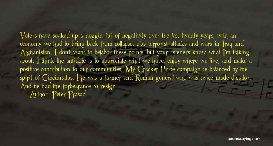 Peter Prasad Quotes: Voters Have Soaked Up A Noggin Full Of Negativity Over The Last Twenty Years, With An Economy We Had To