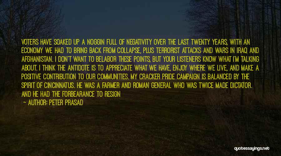 Peter Prasad Quotes: Voters Have Soaked Up A Noggin Full Of Negativity Over The Last Twenty Years, With An Economy We Had To