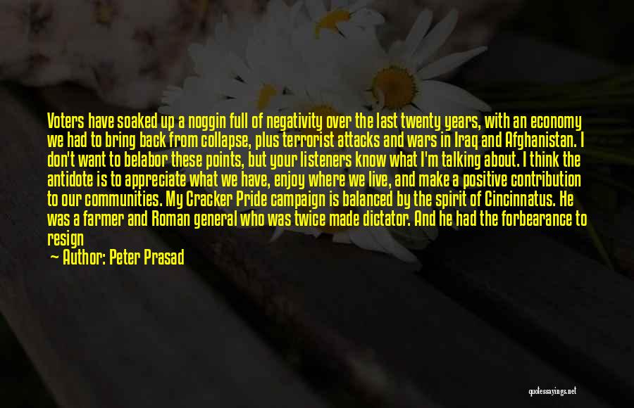Peter Prasad Quotes: Voters Have Soaked Up A Noggin Full Of Negativity Over The Last Twenty Years, With An Economy We Had To