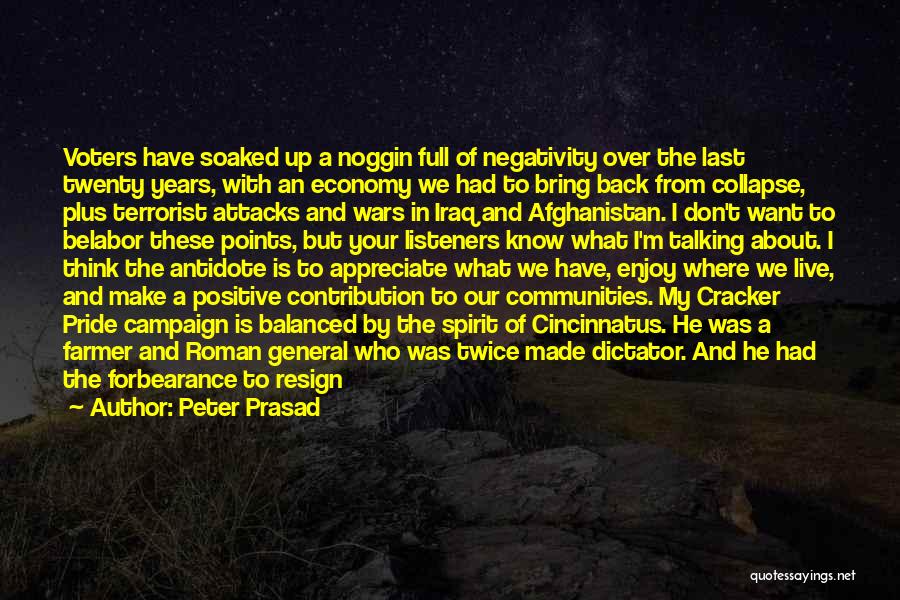 Peter Prasad Quotes: Voters Have Soaked Up A Noggin Full Of Negativity Over The Last Twenty Years, With An Economy We Had To