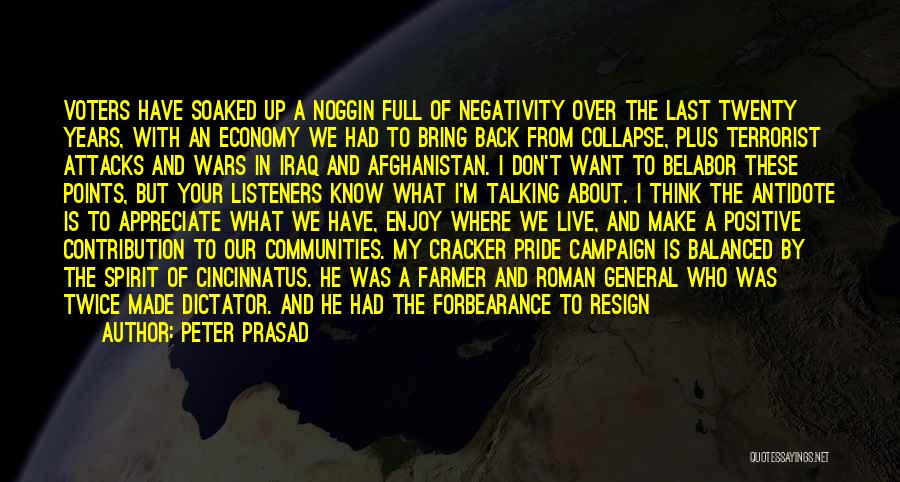 Peter Prasad Quotes: Voters Have Soaked Up A Noggin Full Of Negativity Over The Last Twenty Years, With An Economy We Had To