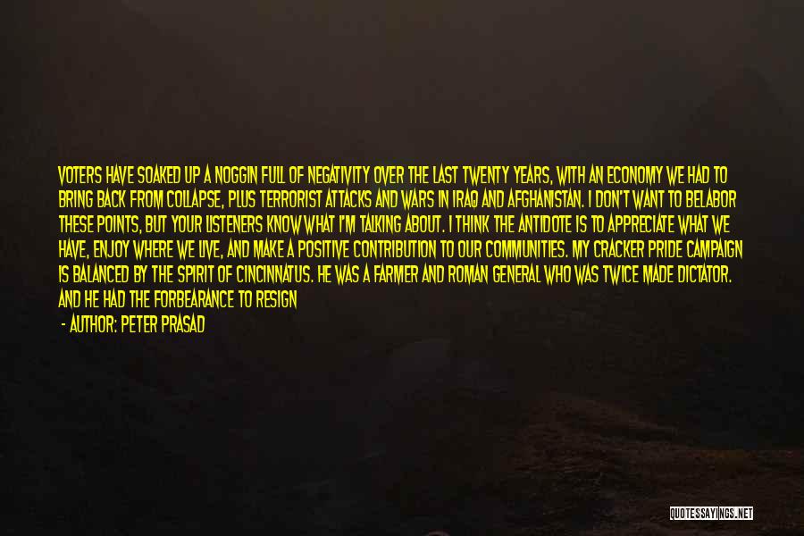 Peter Prasad Quotes: Voters Have Soaked Up A Noggin Full Of Negativity Over The Last Twenty Years, With An Economy We Had To