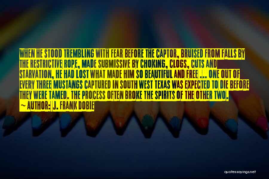 J. Frank Dobie Quotes: When He Stood Trembling With Fear Before The Captor, Bruised From Falls By The Restrictive Rope, Made Submissive By Choking,