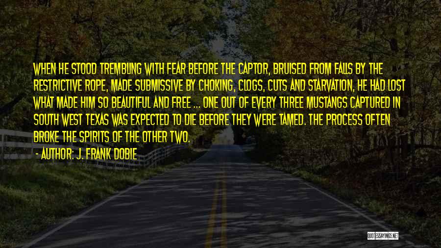 J. Frank Dobie Quotes: When He Stood Trembling With Fear Before The Captor, Bruised From Falls By The Restrictive Rope, Made Submissive By Choking,