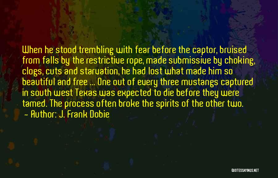 J. Frank Dobie Quotes: When He Stood Trembling With Fear Before The Captor, Bruised From Falls By The Restrictive Rope, Made Submissive By Choking,