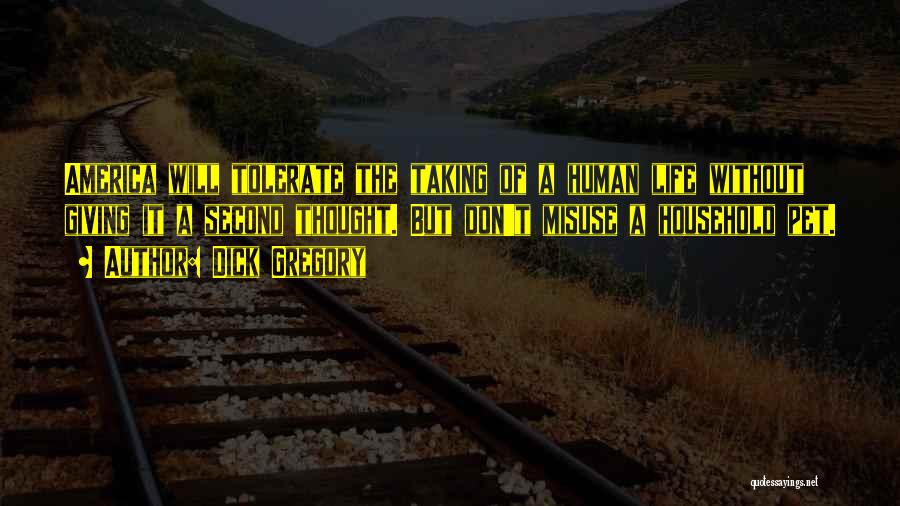 Dick Gregory Quotes: America Will Tolerate The Taking Of A Human Life Without Giving It A Second Thought. But Don't Misuse A Household