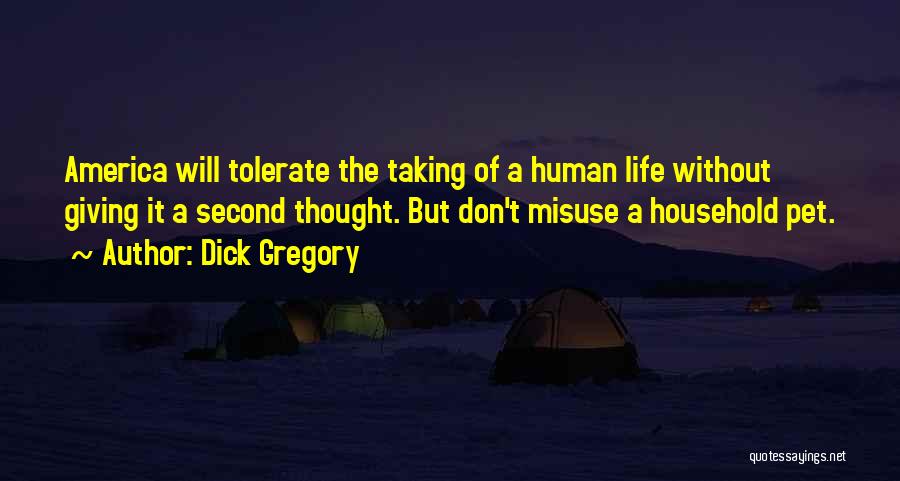 Dick Gregory Quotes: America Will Tolerate The Taking Of A Human Life Without Giving It A Second Thought. But Don't Misuse A Household