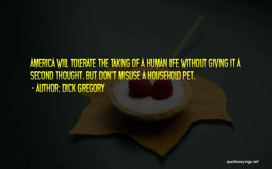 Dick Gregory Quotes: America Will Tolerate The Taking Of A Human Life Without Giving It A Second Thought. But Don't Misuse A Household