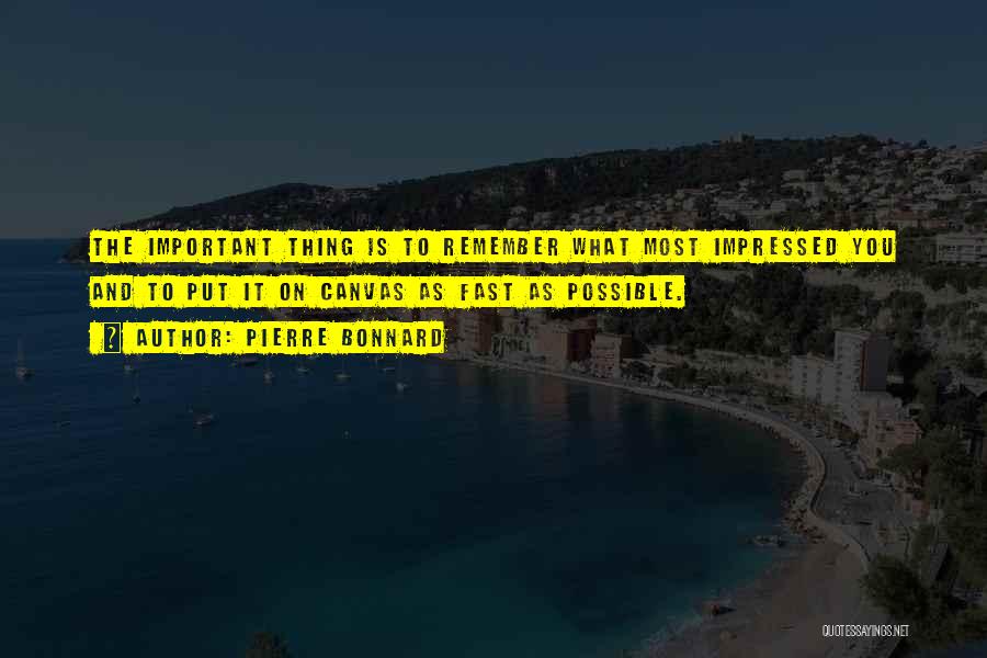 Pierre Bonnard Quotes: The Important Thing Is To Remember What Most Impressed You And To Put It On Canvas As Fast As Possible.