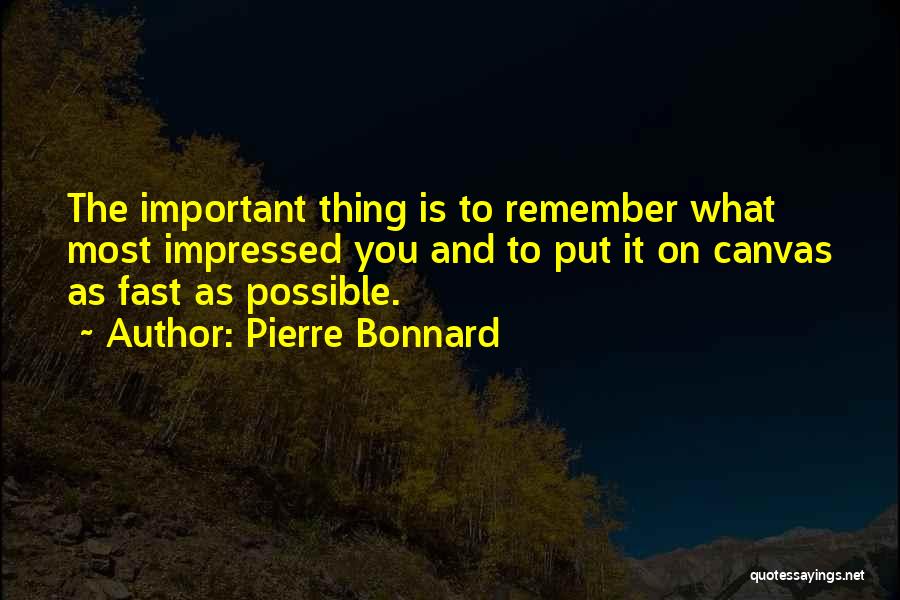 Pierre Bonnard Quotes: The Important Thing Is To Remember What Most Impressed You And To Put It On Canvas As Fast As Possible.