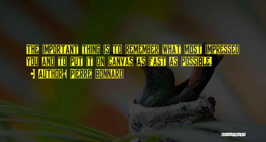 Pierre Bonnard Quotes: The Important Thing Is To Remember What Most Impressed You And To Put It On Canvas As Fast As Possible.