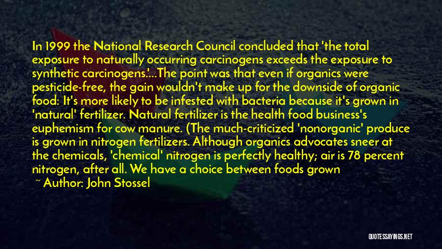 John Stossel Quotes: In 1999 The National Research Council Concluded That 'the Total Exposure To Naturally Occurring Carcinogens Exceeds The Exposure To Synthetic