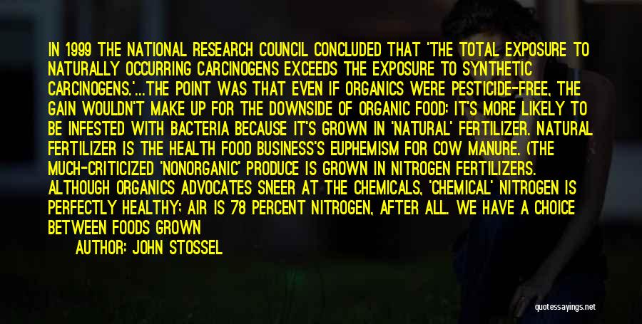 John Stossel Quotes: In 1999 The National Research Council Concluded That 'the Total Exposure To Naturally Occurring Carcinogens Exceeds The Exposure To Synthetic