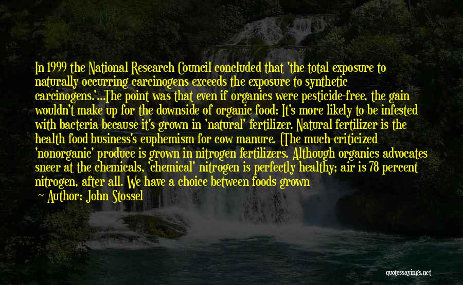 John Stossel Quotes: In 1999 The National Research Council Concluded That 'the Total Exposure To Naturally Occurring Carcinogens Exceeds The Exposure To Synthetic