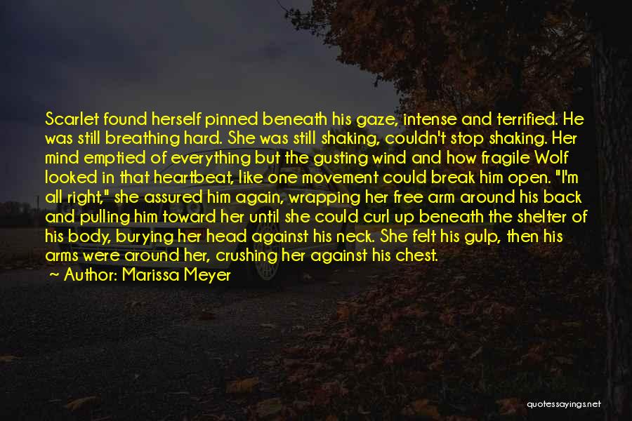 Marissa Meyer Quotes: Scarlet Found Herself Pinned Beneath His Gaze, Intense And Terrified. He Was Still Breathing Hard. She Was Still Shaking, Couldn't