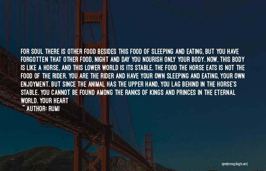 Rumi Quotes: For Soul There Is Other Food Besides This Food Of Sleeping And Eating, But You Have Forgotten That Other Food.