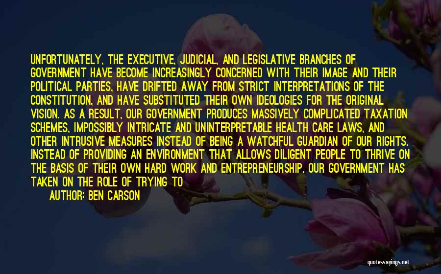 Ben Carson Quotes: Unfortunately, The Executive, Judicial, And Legislative Branches Of Government Have Become Increasingly Concerned With Their Image And Their Political Parties,