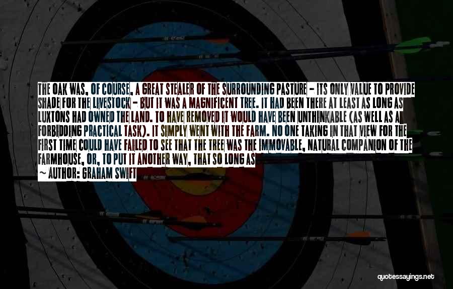 Graham Swift Quotes: The Oak Was, Of Course, A Great Stealer Of The Surrounding Pasture - Its Only Value To Provide Shade For