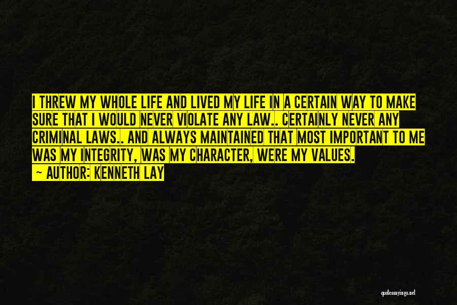Kenneth Lay Quotes: I Threw My Whole Life And Lived My Life In A Certain Way To Make Sure That I Would Never